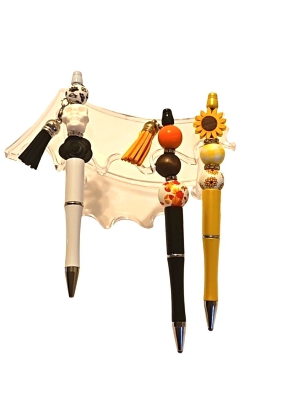 Hand Crafted beaded pens Set of 3 holiday motif handmade halloween fall floral